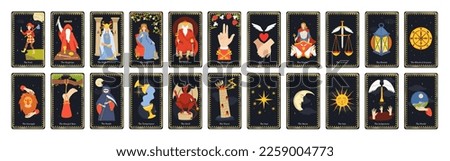 Major arcana tarot cards. Occult deck for divination with chariot, fool, magician and wheel of fortune vector set. Fortune telling and spiritual prediction. Cartoon esoteric elements