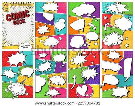 Comic book templates. Comics magazine cover and pages grid layouts with speech balloon frames vector set. Superhero design, frames for dialog, communication boxes of different shape