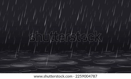 Heavy rain. Capillary surface waves circles on water surface from blurred falling raindrops, rippling rain puddle vector background illustration. Wet weather, dark night with rainfall