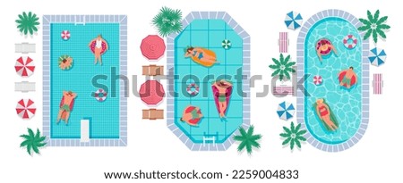 Summer swimming pools. People relax in hotel outdoor pool with top view swim ring, sunbeds and umbrellas vector illustration set. Man and woman sunbathing. Characters on vacation having fun