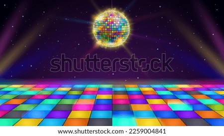 Disco dance floor. Retro party scene with LED squares grid glowing floor, disco ball and starry night sky vector background illustration. Neon colorful tiles, rainbow shining ball for dj event