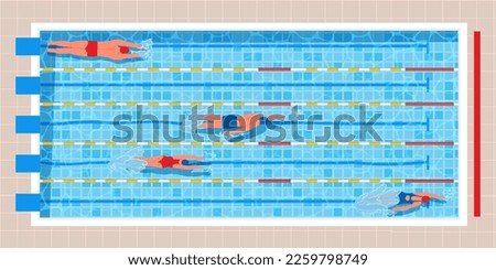 Top view swimming pool. Pool race with professional swimmers in swimwear, water sport vector illustration. People taking part in sport competition, exercising. Healthy lifestyle concept