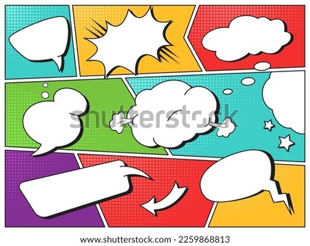 Comic magazine dialogue layout. Comic book grid with popping speech balloons frames, pop art vector template. Funny communication boxes, dialog frames on colorful background, cartoon style