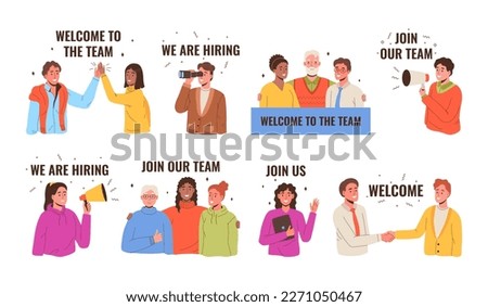 Join our team banners. Welcome to team, we are hiring and join us. Headhunting and human resource research vector illustrations set. New colleagues shaking hands, man looking in binoculars