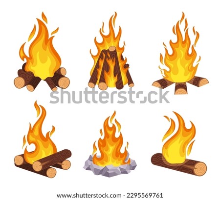 Cartoon campfire. Wood bonfire, burning log. Outdoor fire flames with stone and wooden borders. Outside wild adventure, camping activities, forest tourist isolated vector set illustration