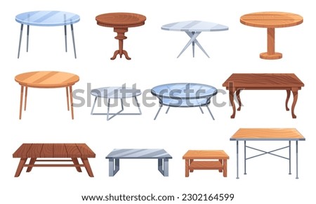 Cartoon table. Wooden, metal and glass cafe and home decor furniture. Dining kitchen desk, restaurant and coffee tables vector illustration set of table metal, restaurant furniture