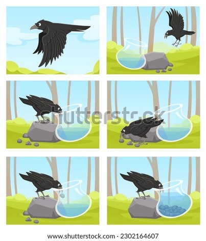 Thirsty crow. Tale of smart black crow and jug of water. Clever bird throws stones into jug to drink cartoon vector story illustration of crow and water graphic