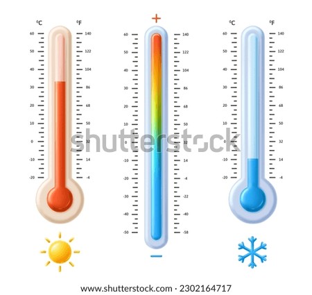 Fahrenheit and celsius thermometers. Temperature spectrum scale with hot sun and cold snowflake icons, weather meteorology measurement 3D vector illustration set of fahrenheit and celsius thermometer