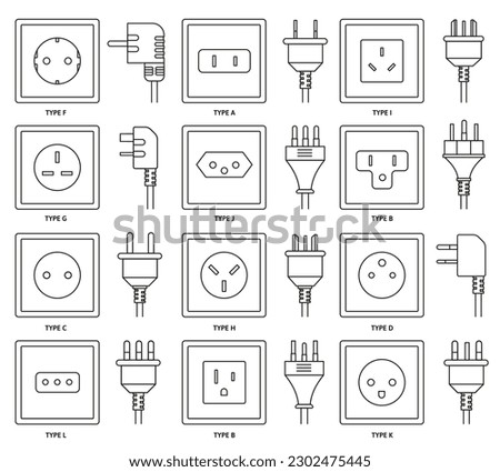 AC sockets with power plugs. Outlet and connector types from different countries around the world, electrical power point and charge cable vector line icons set. Charging household appliance