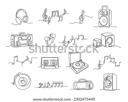 Continuous one line music illustrations. Linear headphones, audio speakers and scribble hand drawn notes vector set. Vinyl disks and cassette, treble clef isolated symbols on white