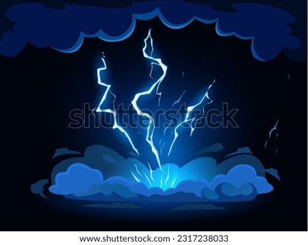 Cartoon lightning strike. Thunderbolt hit from thunderstorm clouds, shock flash effect vector illustration. Stormy weather blue glowing bolt from sky. Dangerous cartoon energy blast