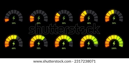 Power level indicator animation. Energy meter, battery gauge bar and animated charging progress with percentage vector template. Measurement panel for energy control, vehicle dashboard