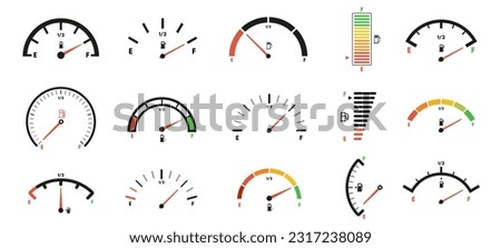 Fuel gauge scales. Gas meter, petrol level indicator for car dashboard panel design. Gage dials with empty and full marks vector set. Vehicle equipment for measurement, car display