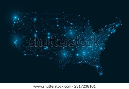 USA grid wireframe map. Connected network of states of America capitals, American internet communications and futuristic digital map vector illustration. Sining starry country territory border