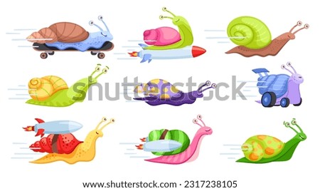 Cartoon fast snails. Turbo rocket fast-moving snail, playful gastropod on skateboard, slow run and humorous race vector illustration set. Funny animals characters in hurry with colorful shells