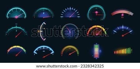 Car dashboard meter designs. Colorful speedometer, fuel gauge and battery level indicators vector illustration set. Panel control on vehicle, energy indicator for sport auto, illuminated interface