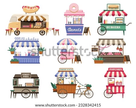 Street vendor booths. Outdoor local market stalls and fast food kiosks. Festival food court cartoon vector illustration set. Selling hot dogs, donuts, burgers, popcorn and fresh drinks