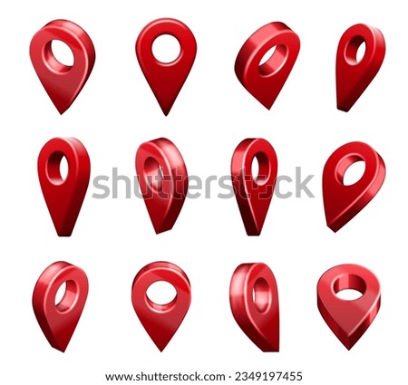 Location map pin pointer icons. Geo locator system sign, travel map pins and red navigational markers in different 3D angles isolated vector set of navigation pin, pointer route icon illustration
