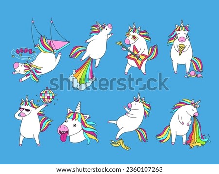 Goofy cartoon unicorns. Funny dumb magic unicorn face, failure fall and rainbow launch. Dabbing dance, fabulous rock star and crying horse vector illustration set. Fantasy animal, dream character