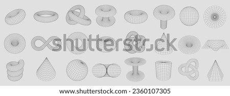 Wireframe torus shapes. Abstract 3D grid shapes, geometric mesh tunnel, vortex and donut vector set with editable stroke paths. Futuristic surface, isolated cylinder and ring models