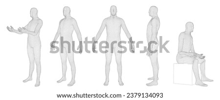 Wireframe human body. Polygonal 3D mesh male character, man dummy hologram grid and virtual reality cyber human model. Vector set with editable stroke paths body wireframe illustration