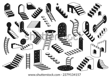Surreal ladders. Mystery stairways, dreamy stairwells and abstract levels. Black and white flight of steps vector illustration set of surreal stairway and ladder