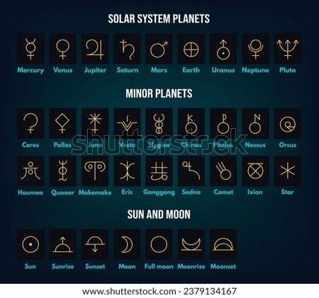 Planetary symbols. Astronomical solar system and minor planets, sun and moon signs. Simple alchemy vector outline icons set. Sunrise, sunset, moonrise and moonset, star isolated elements