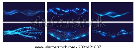Big data flow banner backgrounds. Moving blue particles, futuristic abstract flux and cyber wave backdrop vector set of futuristic wallpaper wave bright illustration