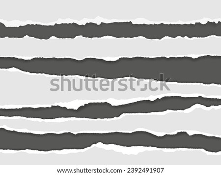 Torn paper divider lines. Ripped cardboard page edge, horizontal paper rips with shadow effect vector set of cardboard blank edge illustration