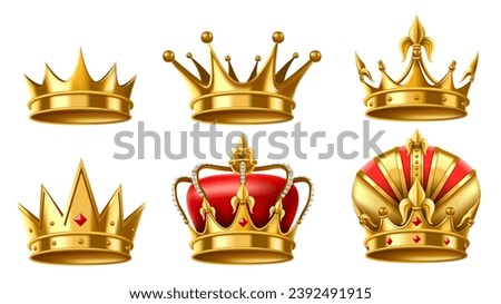 Realistic 3D royal crown. Golden kingdom jewels for king and queen, gold trophy crowns vector illustration set of golden crown for king