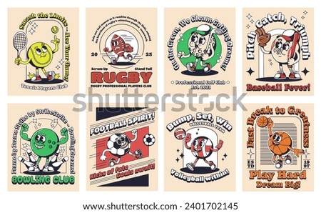 Cartoon sport posters. Retro playing ball card sticker with 1930s mascot character and slogans. Sports enthusiasts banners vector set of poster game graphic illustration