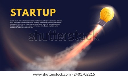 Launch idea. Run startup business, rocket boost for ideas and light bulb fly high vector illustration of rocket idea startup, launch start project