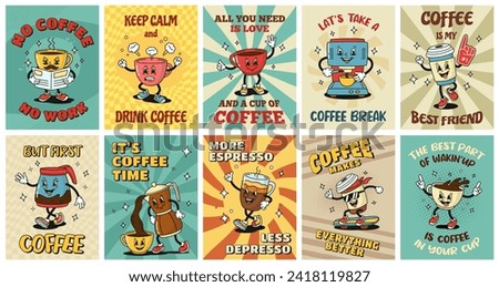 Retro coffee posters. Cartoon espresso cups, coffee house stickers with slogans in style of 1930s rubber hose animation. Vector illustration set of retro breakfast cartoon drink caffeine
