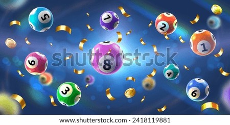 Bingo balls splash background. Floating lotto game ball, golden coins and confetti, lucky gambling winner celebration vector illustration of game gambling lottery