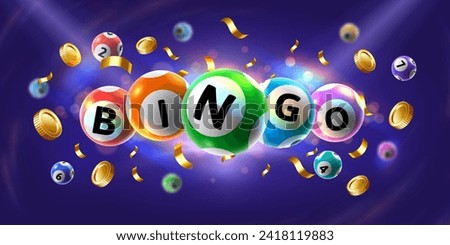 Bingo banner. Floating 3D lotto game balls, lotteries gaming event promotion with golden coins and falling confetti vector illustration of bingo game, gambling lottery