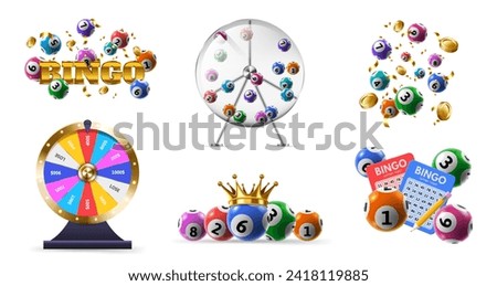 Lotteries game. Fortune wheel, bingo tickets and lottery balls in spinning dispenser. Lucky numbers combination isolated 3D vector illustration set of fortune game money, win wheel luck