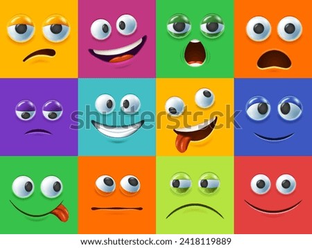 Cartoon 3D face backgrounds. Funny eyes and mouth facial expressions. Colorful faces with different emotions vector illustration set of cartoon face colored funny