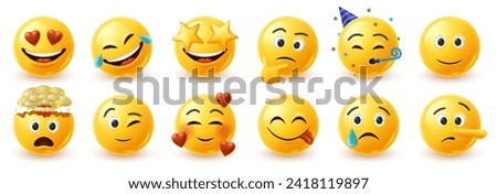 Funny 3d emoji faces. Yellow emoticon with love and star eye, happy laughing smiling face. Mind blown head explosion, wink, tongue. Vector illustration of emoji face expression, graphic application