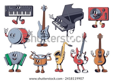 Cartoon musical instrument characters. Music mascots keyboard synthesizer, bass guitar, grand piano and vinyl turntable. Electric and acoustic guitars, drums, accordion and saxophone vector set