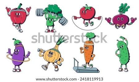 Cartoon healthy vegetables mascots. Sport veggies characters in fitness activities, pepper lifting weight, broccoli with barbell, tomato on jump rope vector set of cartoon healthy mascot illustration