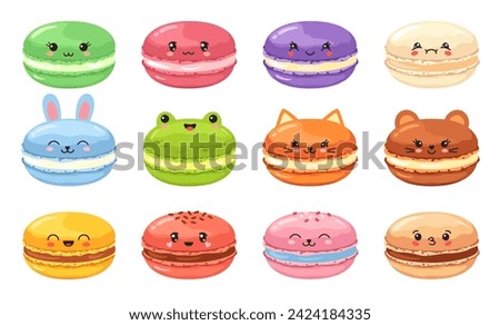 Kawaii macaron. Cute animal macarons, french sweet dessert for childrens menu or bakery marketing design. Vector illustration set. Adorable delicious confectionary, tasty pastry snacks