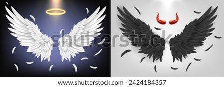 Angel and demon wing. Black and white feathered wings, angelic good and demonic evil concept realistic 3D vector illustration set. Spiritual and mystical objects, nimbus and devil horns