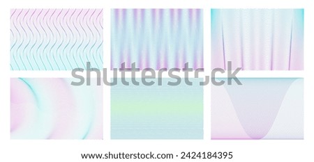 Guilloche moire pattern. Soft color wave line textures, geometric optical illusions and abstract wavy vector background set. Passport or certificate watermarks fro protection seamless elements