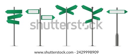 Green street signs. Directional pole with wayfinding arrows, finger post sign isolated realistic vector illustration set of pole road street, direction green