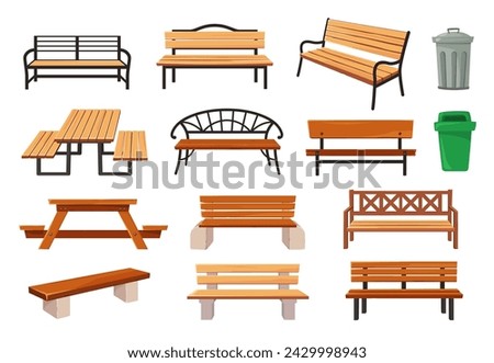 Garden bench. Outdoor furniture, park benches, waste bins and picnic tables cartoon vector illustration set. Outside objects for leisure time isolated collection, empty wood table with seats