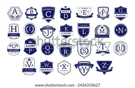 Education monogram. Alphabetical elegant academic crests, letter badge template for university, college or academy team isolated vector set. diploma of graduation, school emblem illustration