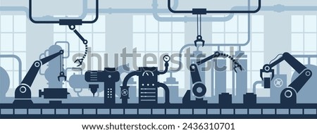 Industrial factory interior. Industry 4.0 assembly line, conveyor belt with robotic arms and machinery vector seamless background illustration. automated technology for manufacturing