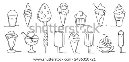 Continuous one line ice cream. Hand drawn soft serve frozen desserts, cold popsicles and sundaes vector illustration set. Tasty refreshments in cones, bowls and cups outline collection