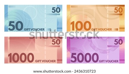 Guilloche banknote vouchers. Currency style coupons, shopping certificates and gift voucher template vector set. Money papers isolated on white, cash bills with watermarks. fake payments