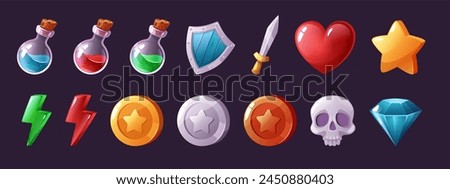 Cartoon game icons. Potion vials and magic elixirs, health heart and power lightning bolt, coins and diamond isolated vector illustration set of cartoon game icon